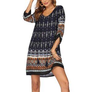Women’s Blue Bohemian Dress V Neck 3/4 Sleeve Casual Spring Tunic Dress